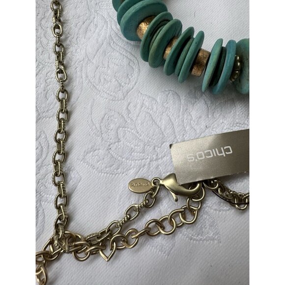Chicos 20" Long Gold Tone Turquoise Blue Green Bead Statement Necklace NEW - Picture 8 of 11